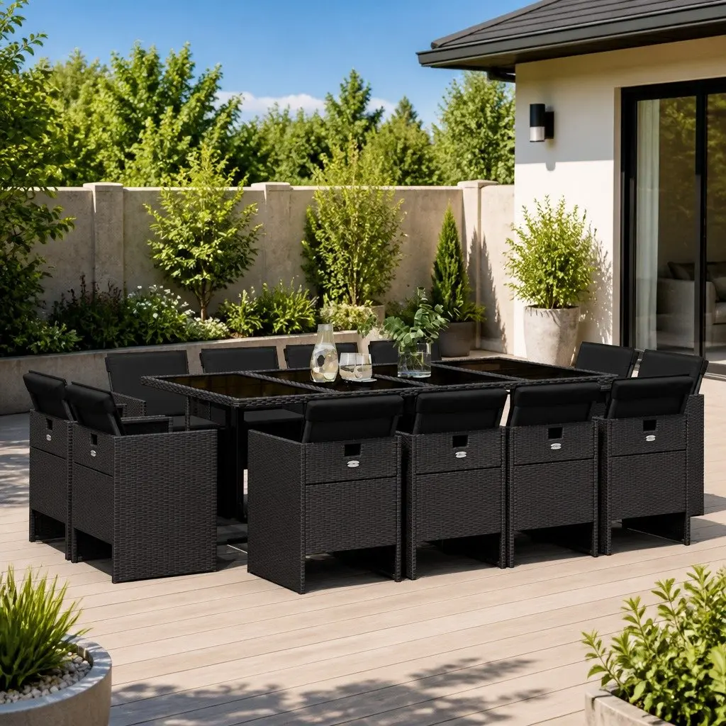 13 Piece Garden Dining Set Black Poly Rattan Outdoor Furniture with Cushions