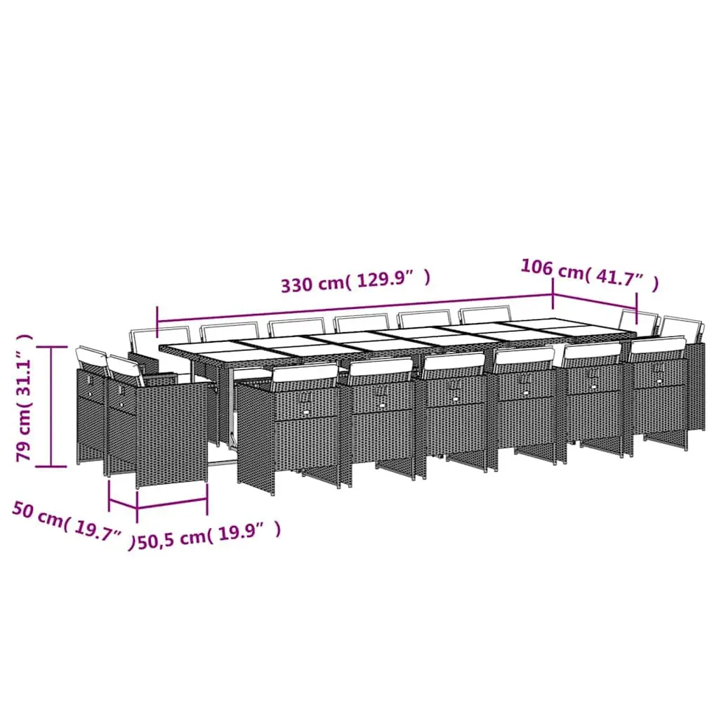 17 Piece Outdoor Dining Set PE Rattan Black Patio Garden Furniture with Tempered Glass Table and Padded Cushions