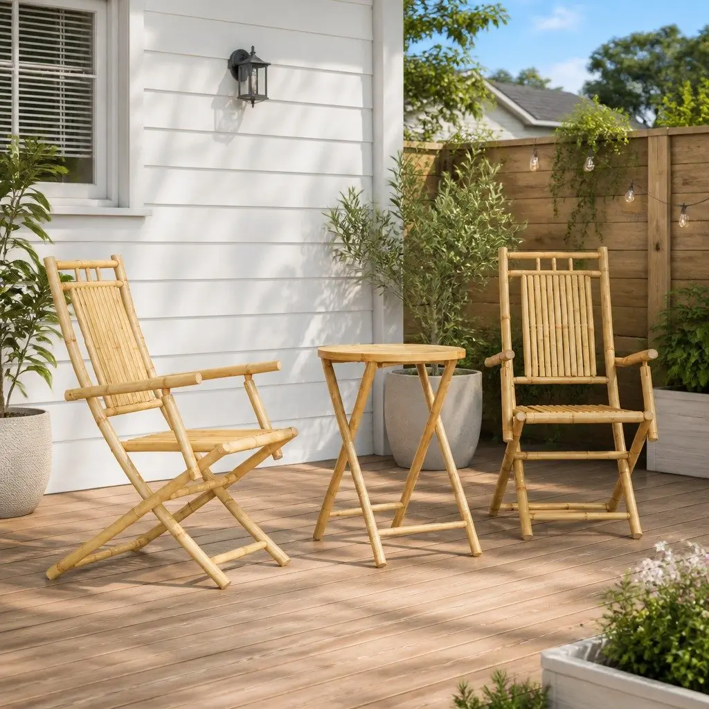 Bistro Set Bamboo Foldable 3 Piece Brown Outdoor Garden Patio Furniture