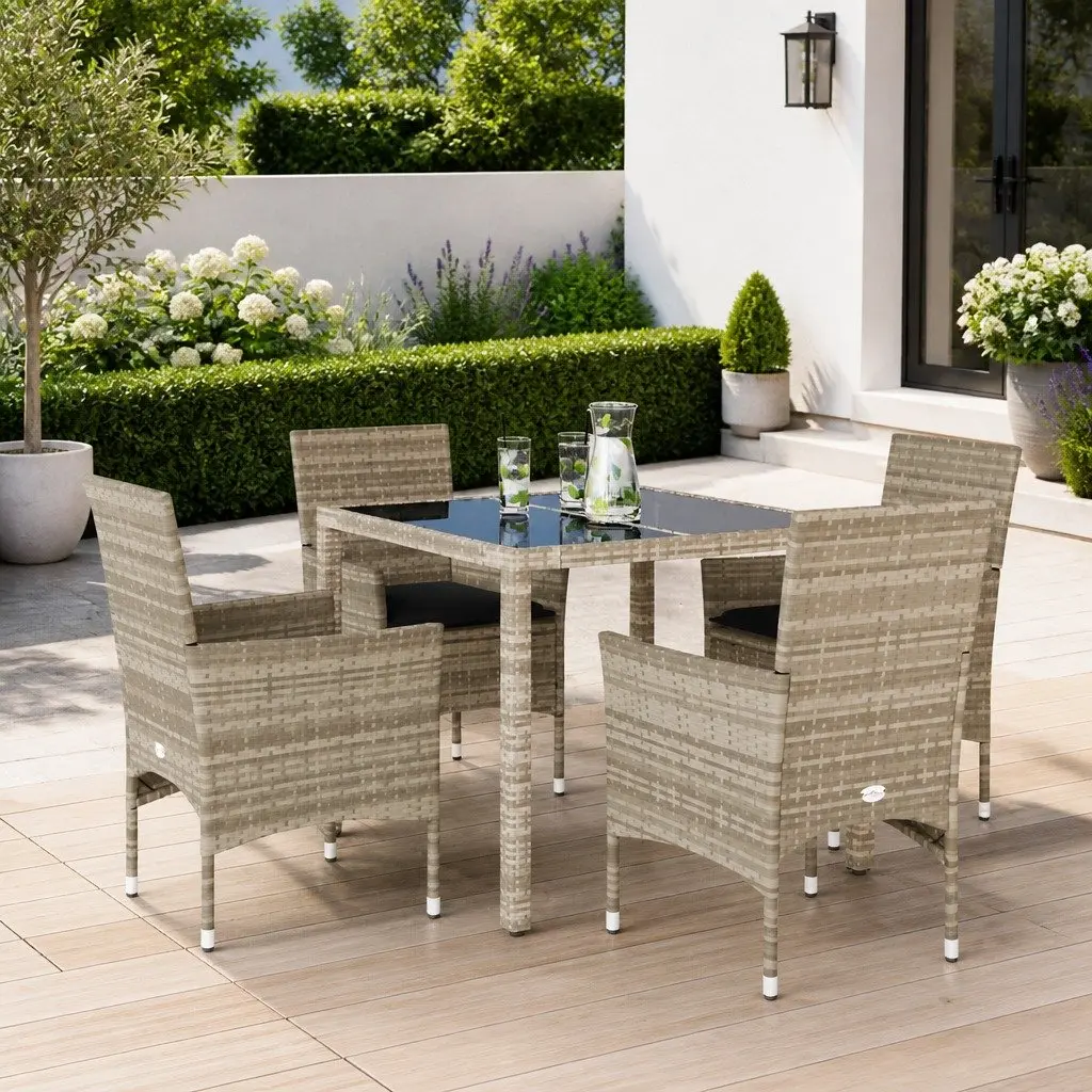 Outdoor Dining Set Grey Rattan 5 Piece Table and Chairs with Cushions