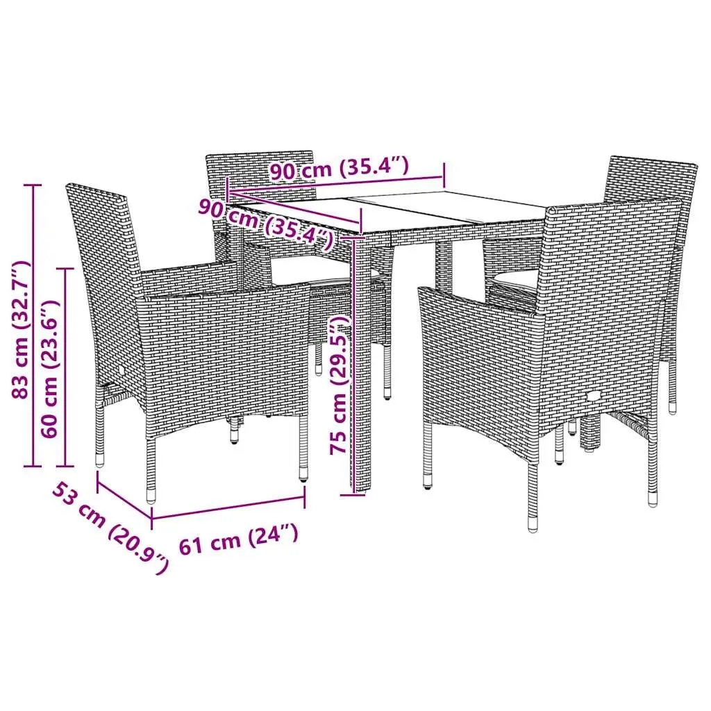 Outdoor Dining Set Grey Rattan 5 Piece Table and Chairs with Cushions