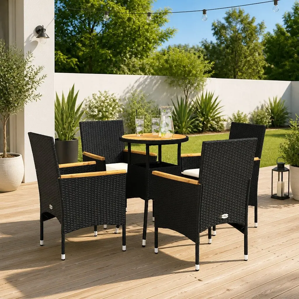 5 Piece Garden Dining Set Poly Rattan Acacia Wood Table Black
