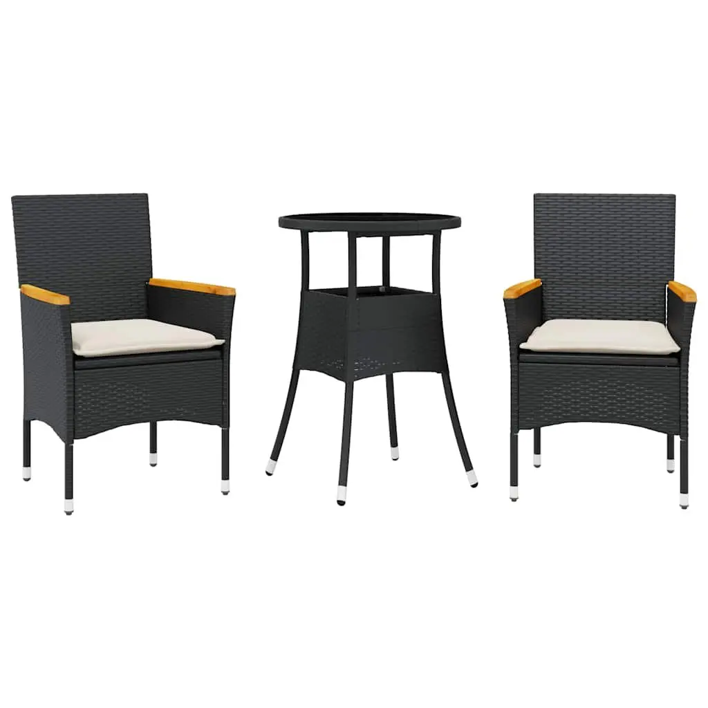 Outdoor Dining Set PE Rattan Glass Table 3 Piece Black