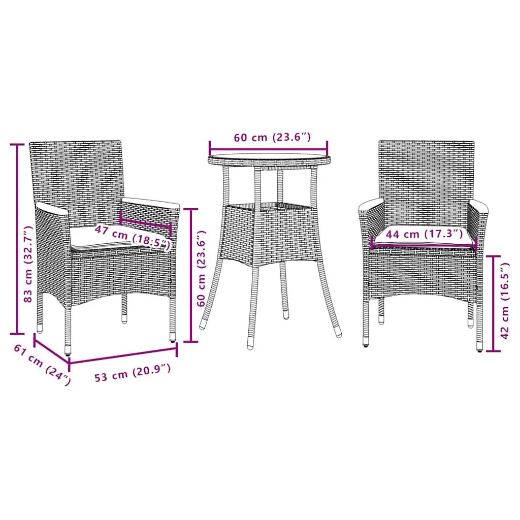 Outdoor Dining Set PE Rattan Glass Table 3 Piece Black