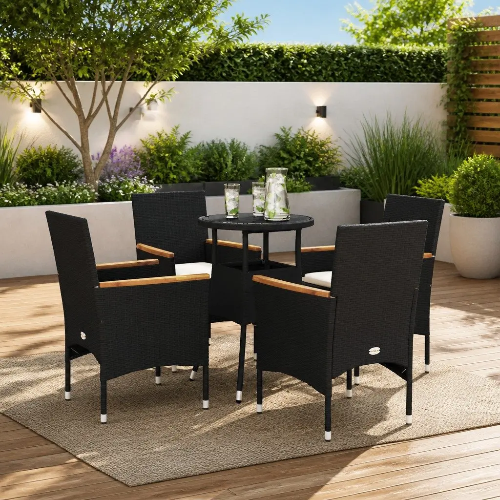 5 Piece Garden Dining Set PE Rattan Tempered Glass Outdoor Patio Black
