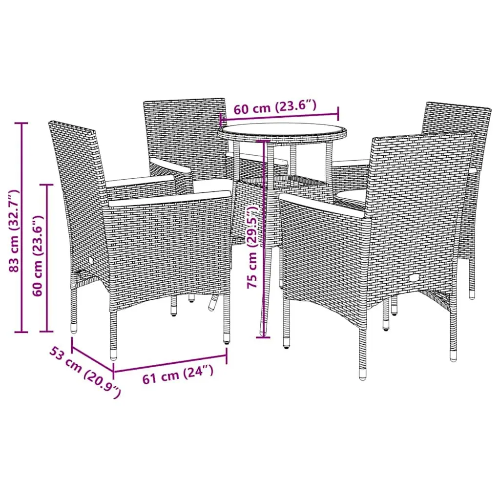 5 Piece Garden Dining Set PE Rattan Tempered Glass Outdoor Patio Black