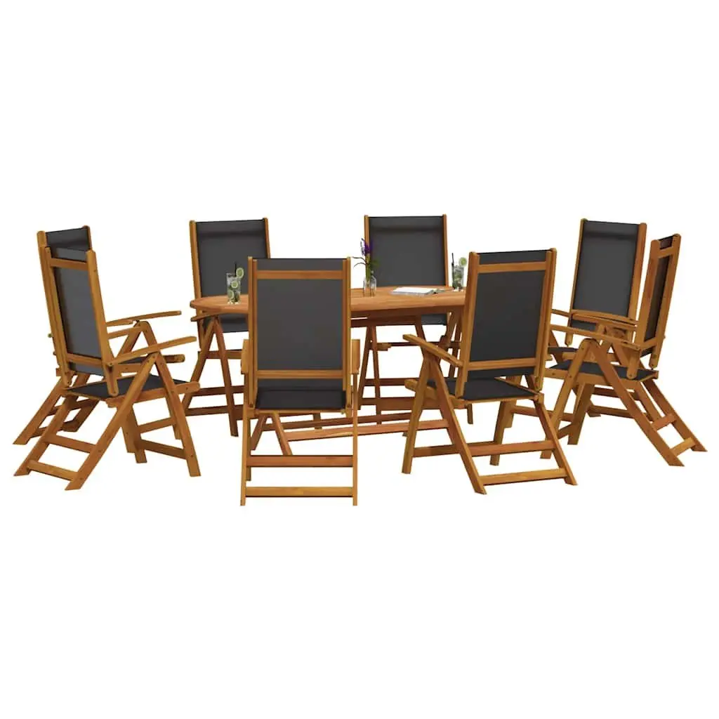 9 Piece Outdoor Dining Set Acacia Wood Table with Parasol Hole and Foldable Adjustable Chairs Brown Textilene