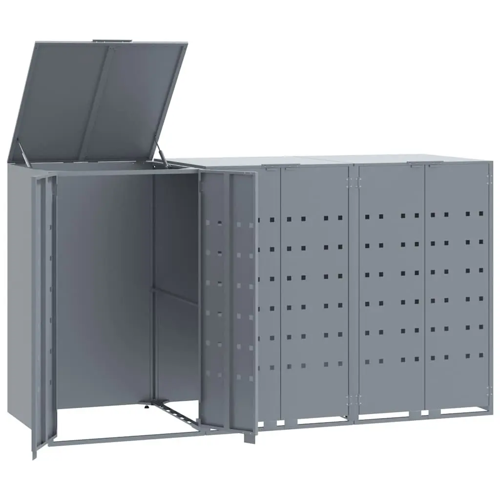 3 Bin Wheelie Bin Storage Shed Grey Powder-Coated Steel Construction with Gas-Spring Lid and Magnetic Closure for Outdoor Use