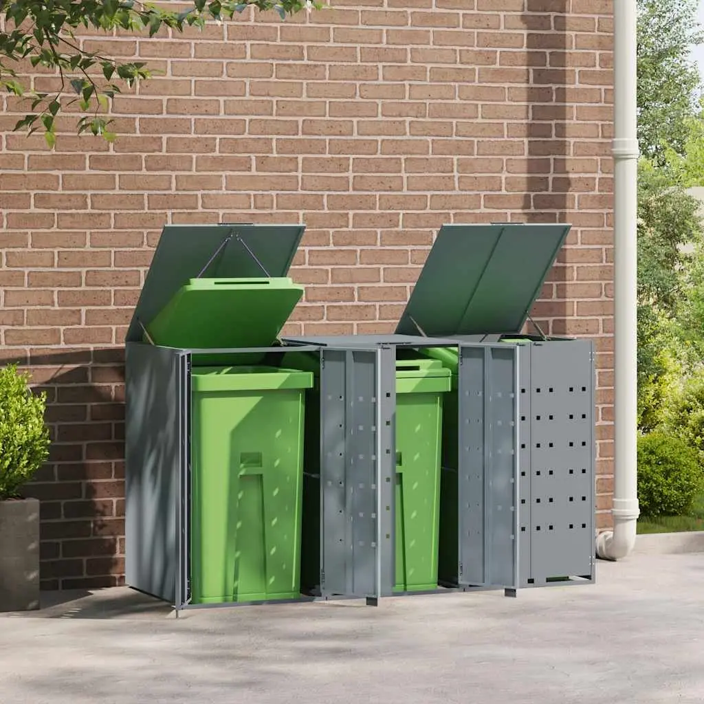 3 Bin Wheelie Bin Storage Shed Grey Powder-Coated Steel Construction with Gas-Spring Lid and Magnetic Closure for Outdoor Use