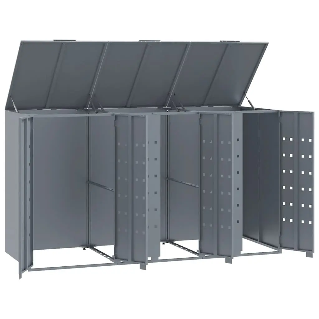 3 Bin Wheelie Bin Storage Shed Grey Powder-Coated Steel Construction with Gas-Spring Lid and Magnetic Closure for Outdoor Use