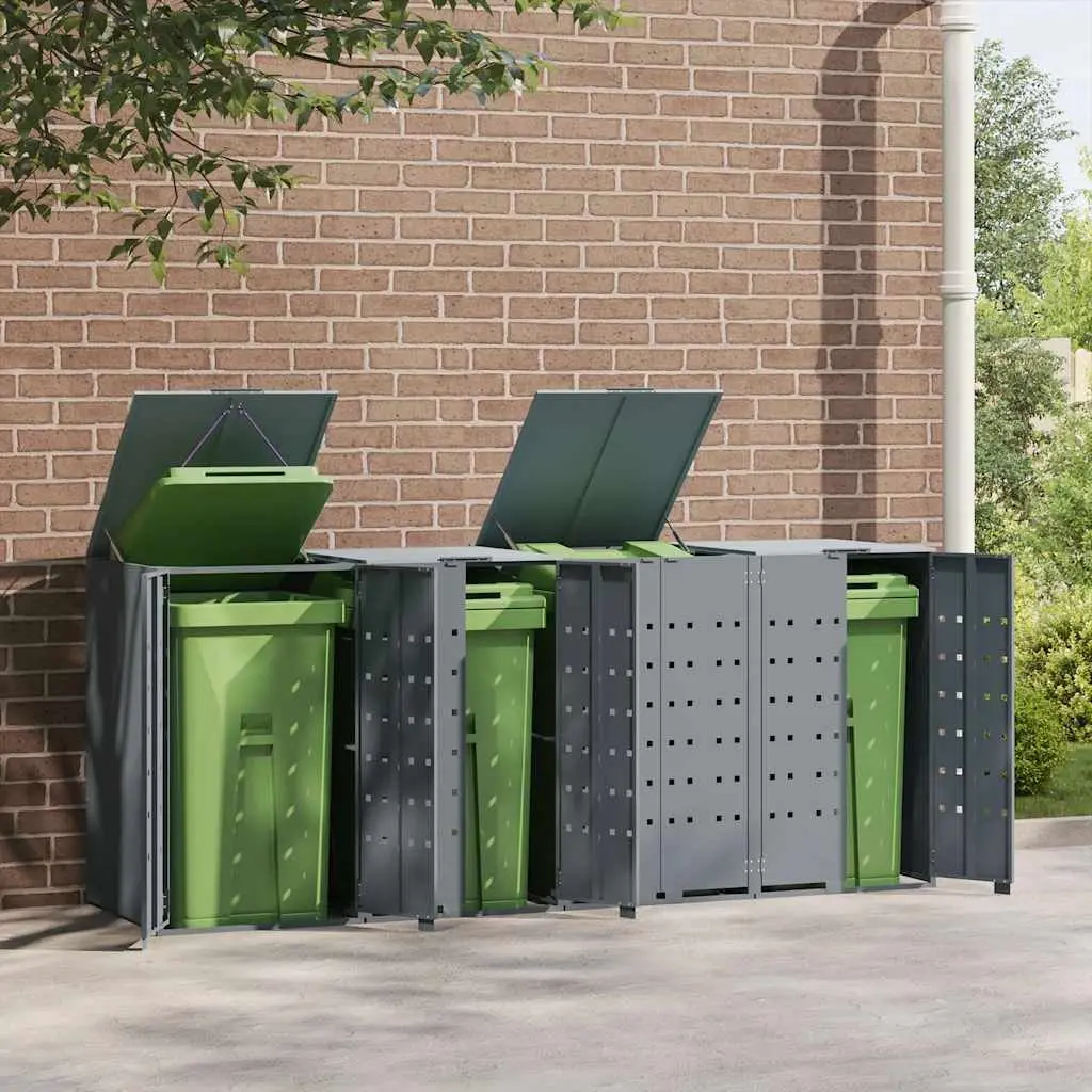 Garden Waste Container Shed Powder-Coated Steel Grey Outdoor Storage for 4 Bins with Gas Spring Lid and Ventilation Panels