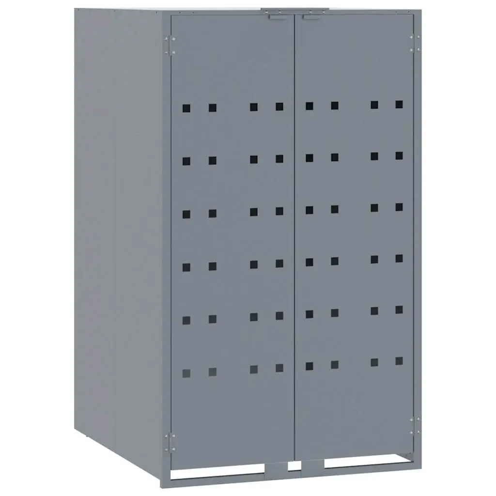 Garden Waste Container Shed Powder-Coated Steel Grey Outdoor Storage for 4 Bins with Gas Spring Lid and Ventilation Panels