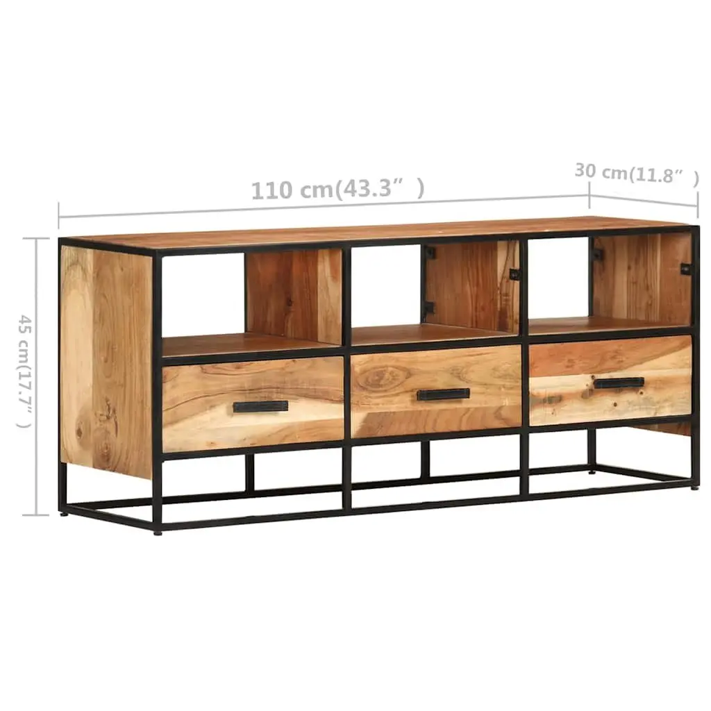 TV Cabinet Solid Acacia Wood Brown 110x30x45cm Rustic Industrial Style with 3 Drawers 3 Shelves
