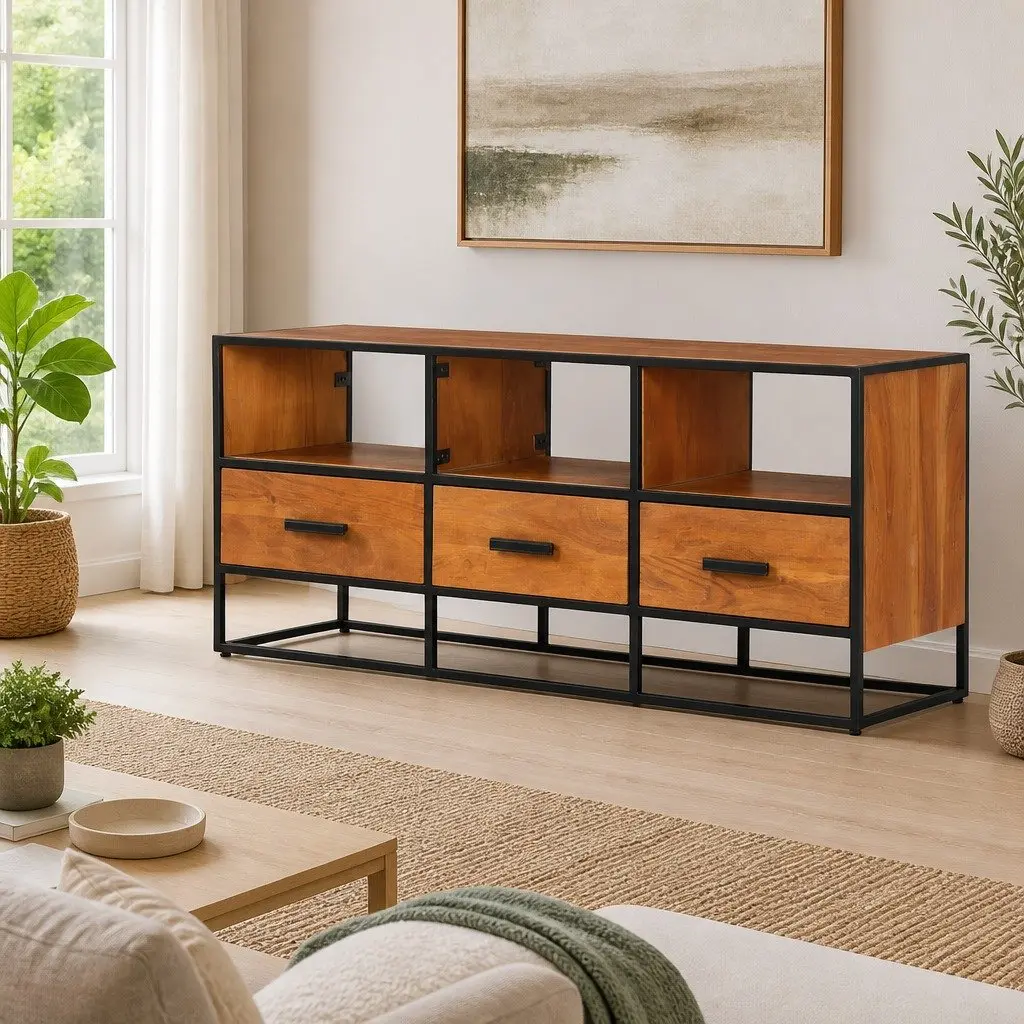 TV Cabinet Solid Acacia Wood 110x30x45 cm Brown Industrial Style with 3 Drawers 3 Shelves