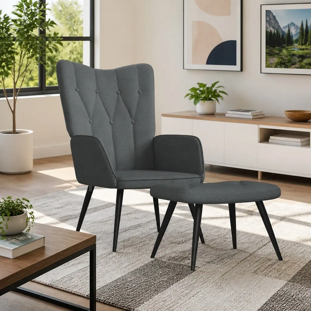 Relaxing Armchair with Stool Dark Grey Fabric Accent Chair Lounge Seat Home