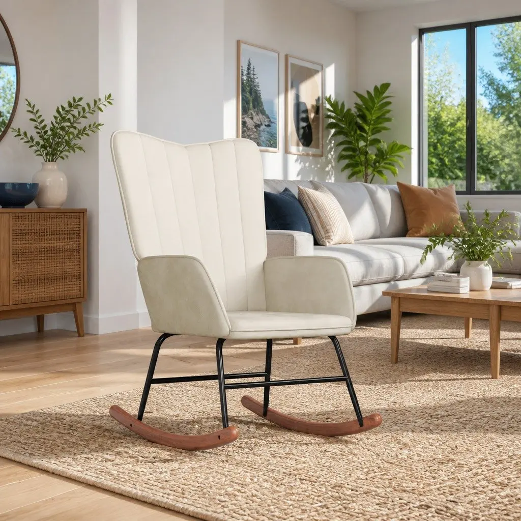 Rocking Chair Steel Frame White Velvet Padded Armchair