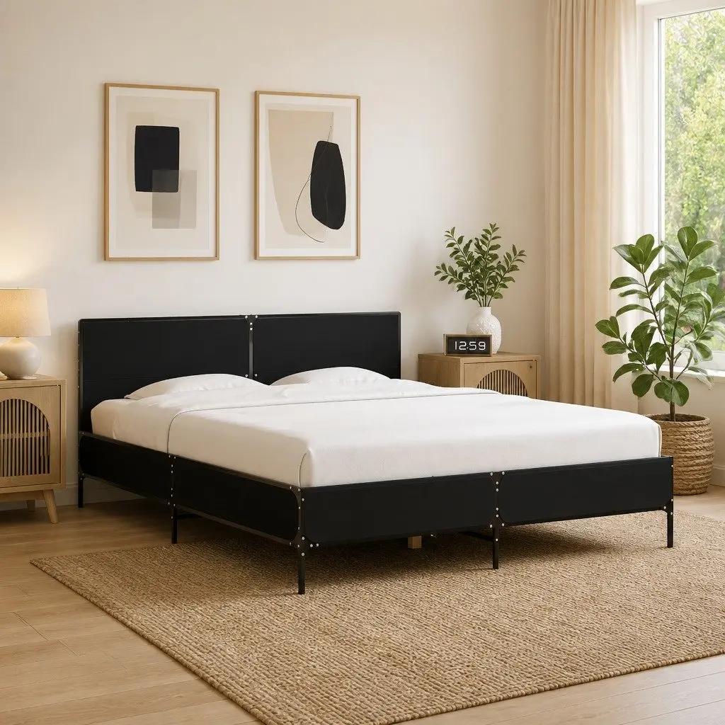 Black Bed Frame Engineered Wood 150x200 cm with Metal Legs Plywood Slats and Headboard