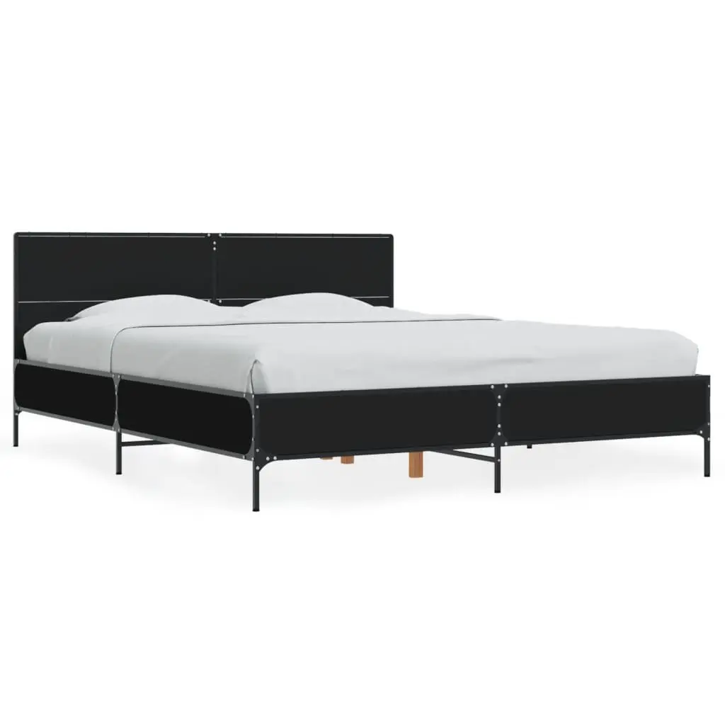 Black Bed Frame Engineered Wood 150x200 cm with Metal Legs Plywood Slats and Headboard