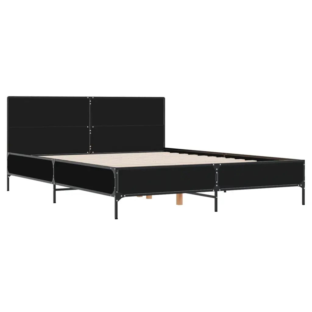Black Bed Frame Engineered Wood 150x200 cm with Metal Legs Plywood Slats and Headboard