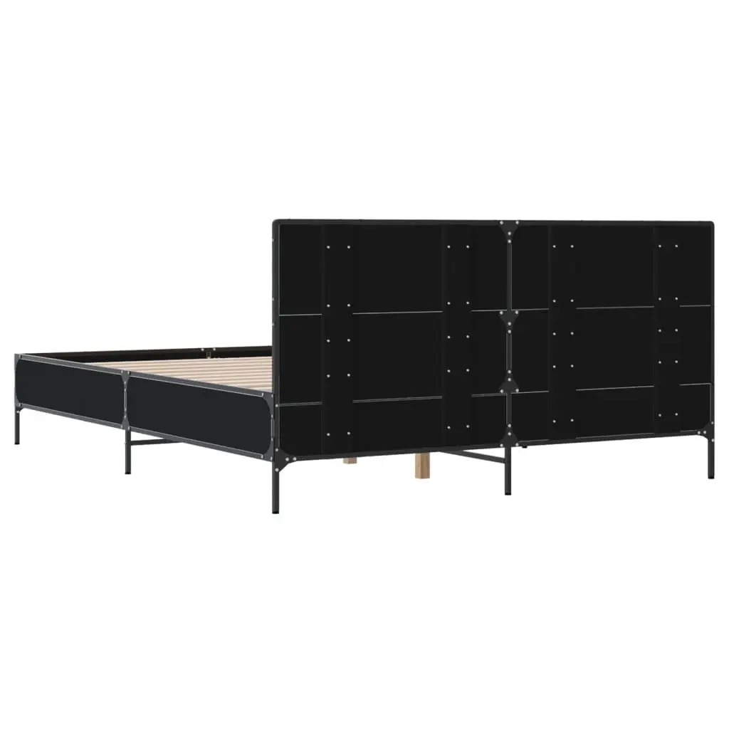 Black Bed Frame Engineered Wood 150x200 cm with Metal Legs Plywood Slats and Headboard
