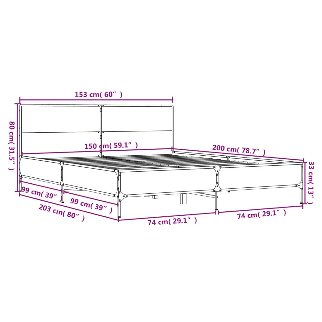 Black Bed Frame Engineered Wood 150x200 cm with Metal Legs Plywood Slats and Headboard