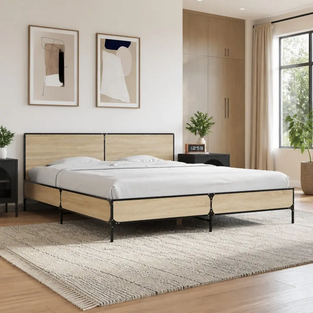 Bed Frame Engineered Wood 183x203cm Brown Headboard Slatted Base Metal Legs