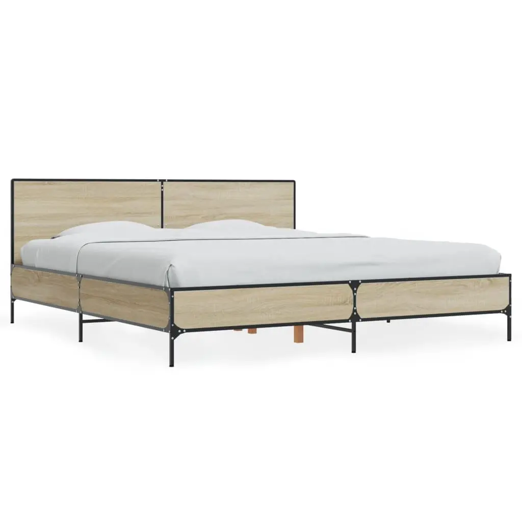 Bed Frame Engineered Wood 183x203cm Brown Headboard Slatted Base Metal Legs