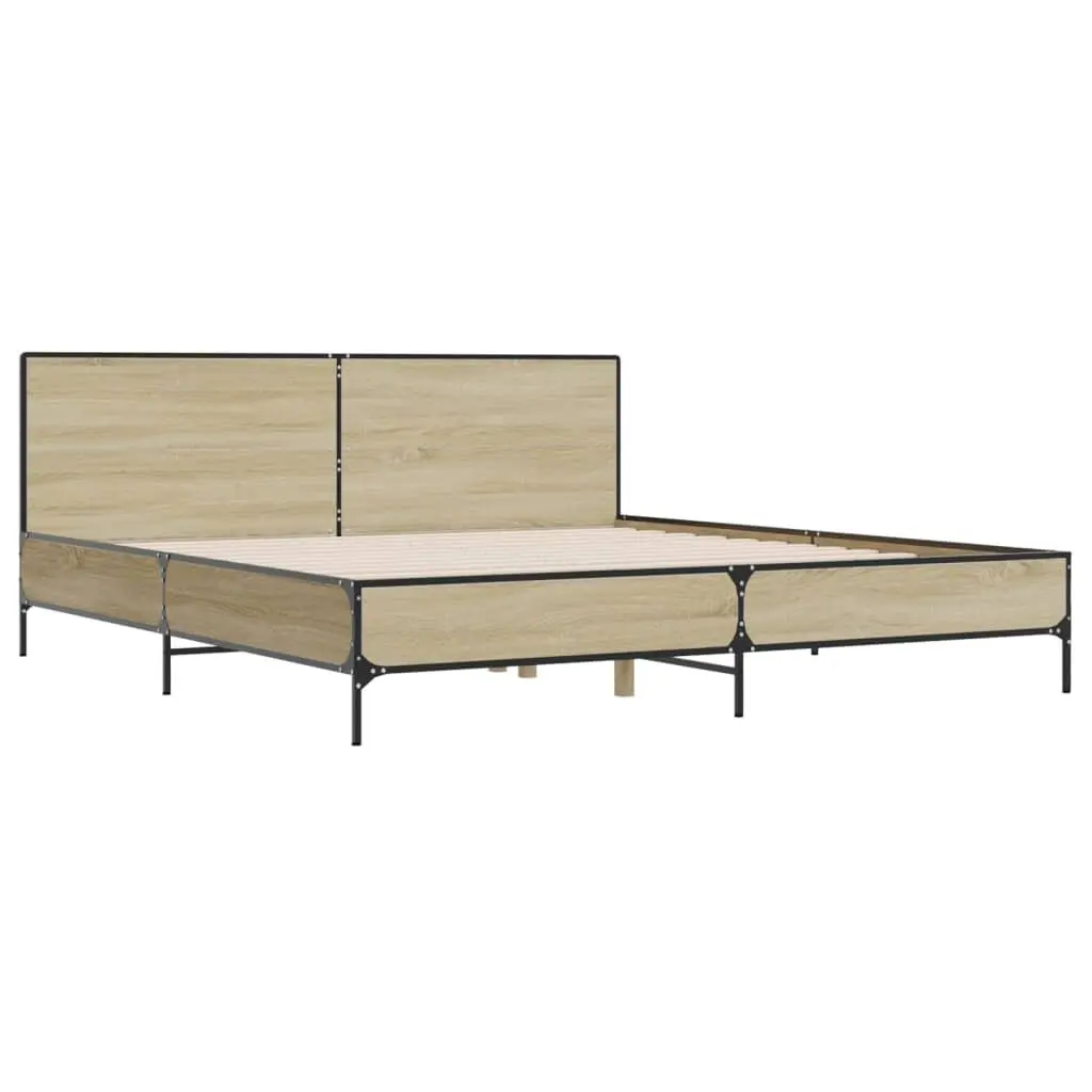 Bed Frame Engineered Wood 183x203cm Brown Headboard Slatted Base Metal Legs