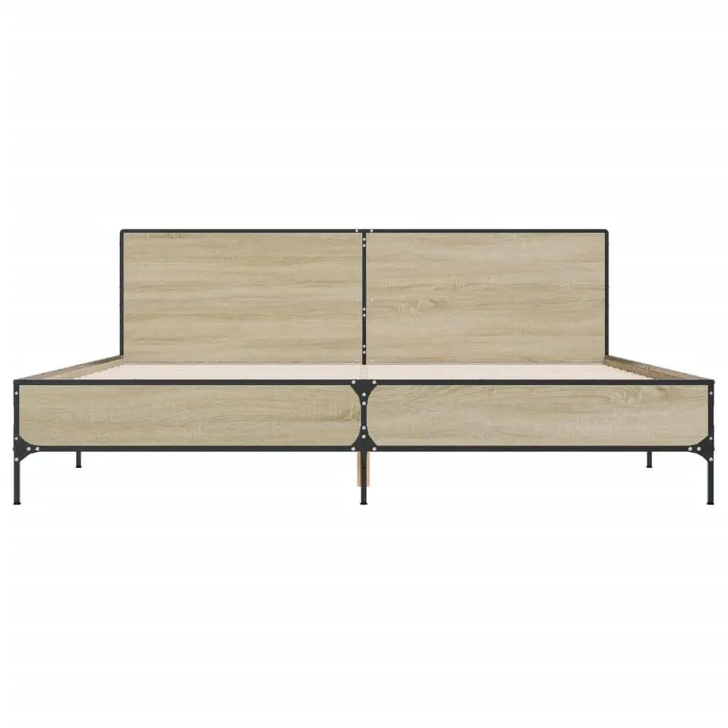 Bed Frame Engineered Wood 183x203cm Brown Headboard Slatted Base Metal Legs