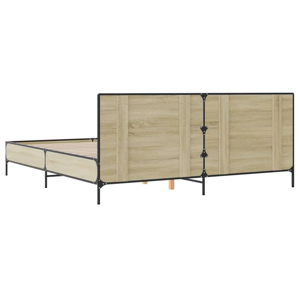 Bed Frame Engineered Wood 183x203cm Brown Headboard Slatted Base Metal Legs