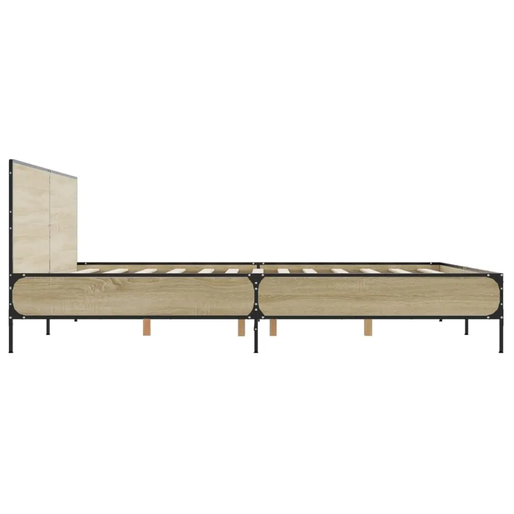 Bed Frame Engineered Wood 183x203cm Brown Headboard Slatted Base Metal Legs