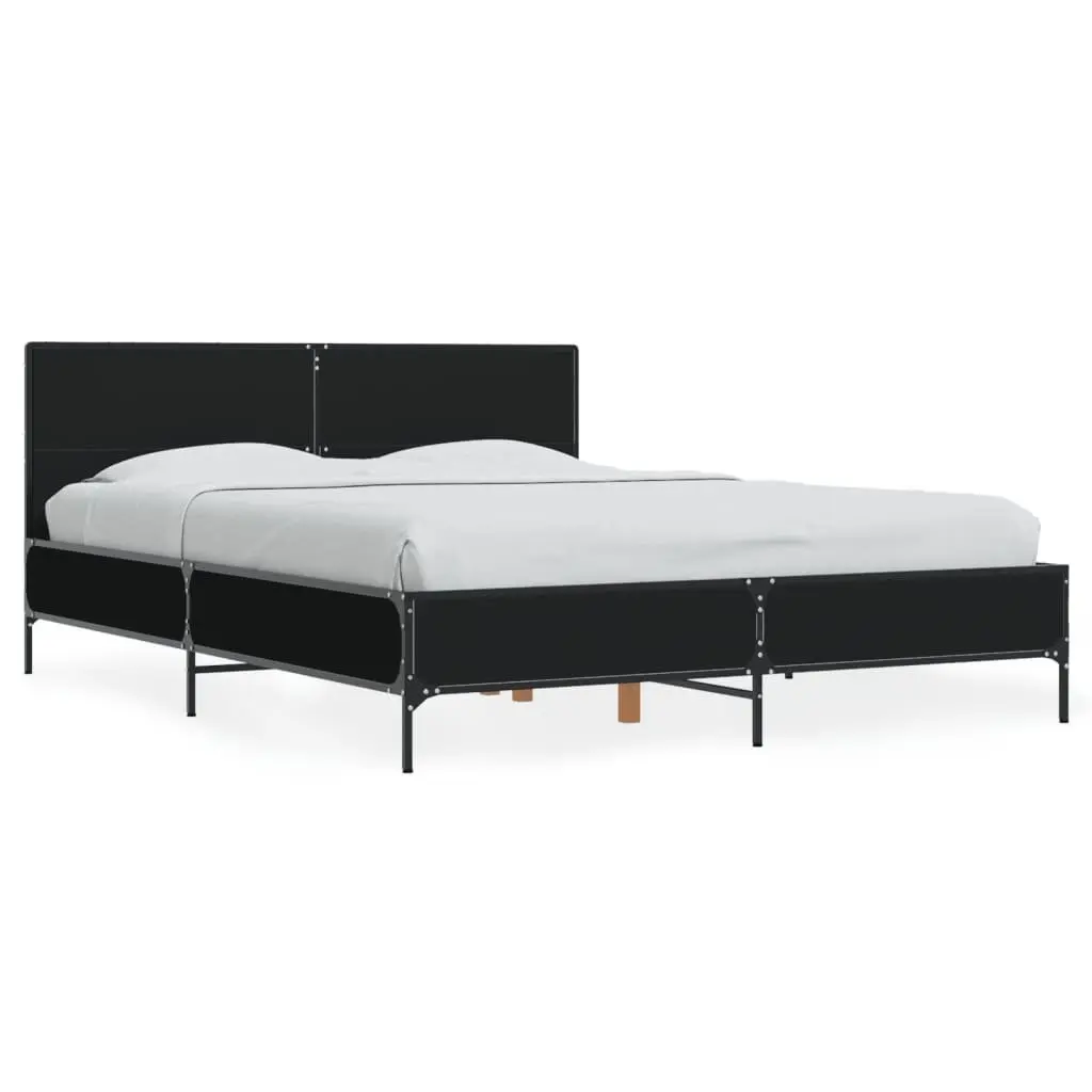 Bed Frame Engineered Wood 135x190 cm Black with Headboard and Slatted Base
