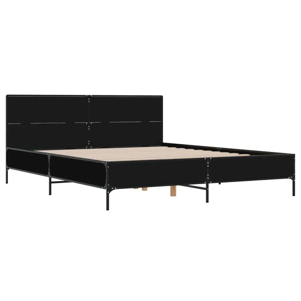 Bed Frame Engineered Wood 135x190 cm Black with Headboard and Slatted Base