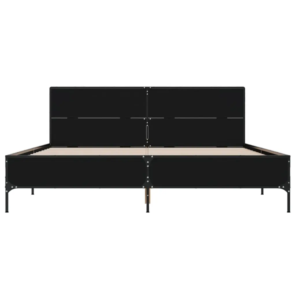 Bed Frame Engineered Wood 135x190 cm Black with Headboard and Slatted Base