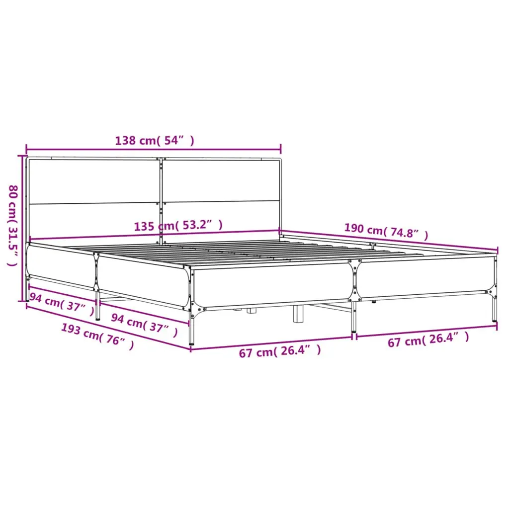 Bed Frame Engineered Wood 135x190 cm Black with Headboard and Slatted Base