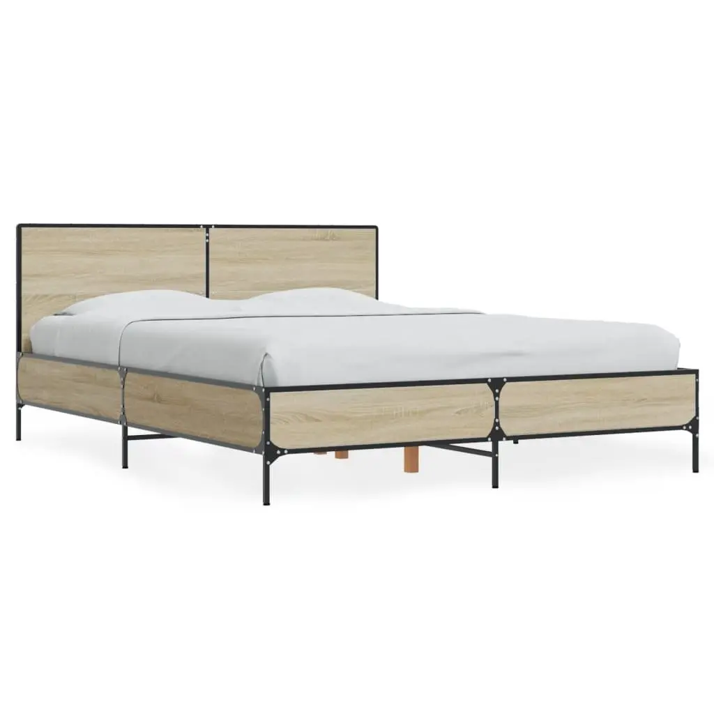 Queen Size Bed Frame Engineered Wood 135x190 cm Brown Slatted Base Headboard
