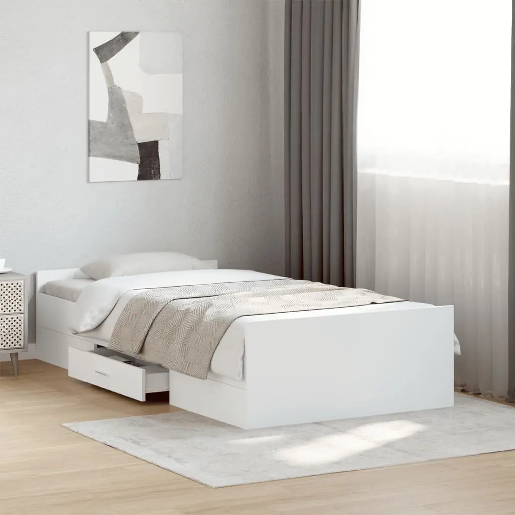 Bed Frame Engineered Wood 90x190 cm White with Storage Drawers