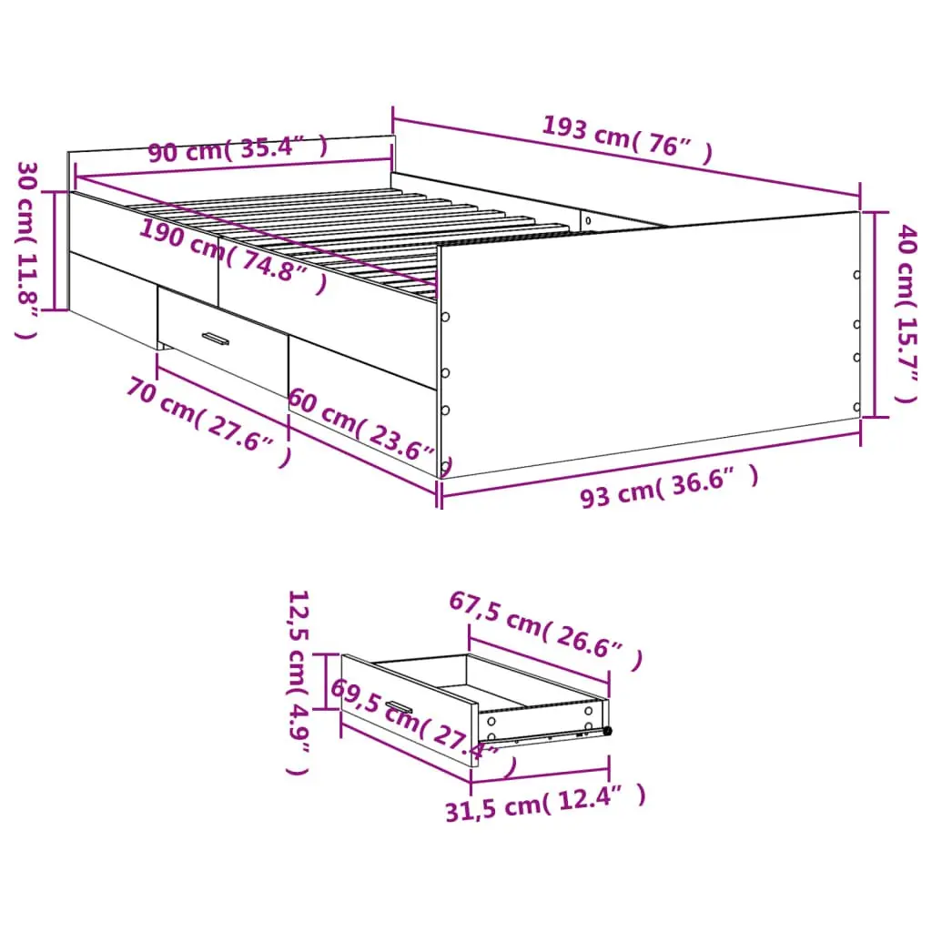 Bed Frame Engineered Wood 90x190 cm White with Storage Drawers