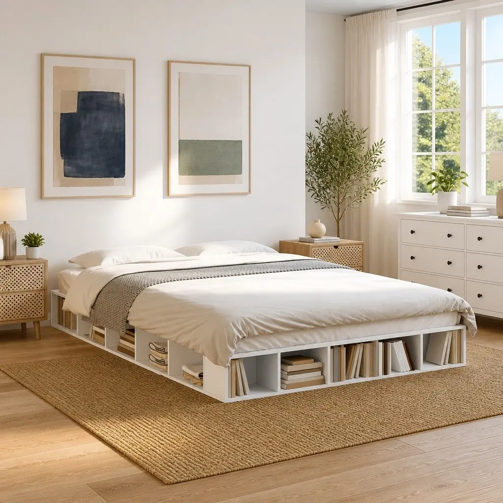 Queen Size Bed Frame White Engineered Wood 150x200cm Slatted Base with Storage Compartments