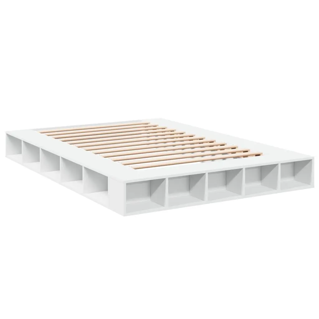 Queen Size Bed Frame White Engineered Wood 150x200cm Slatted Base with Storage Compartments