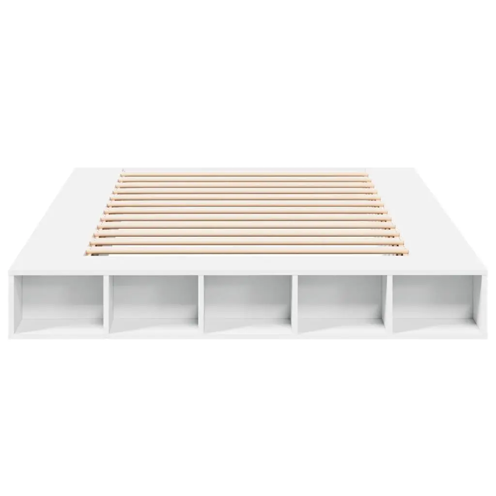 Queen Size Bed Frame White Engineered Wood 150x200cm Slatted Base with Storage Compartments