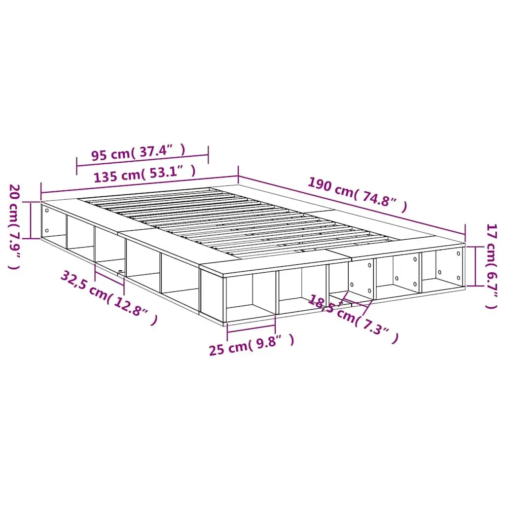 White Bed Frame Engineered Wood 135x190cm Slatted Base with Open Storage Compartments