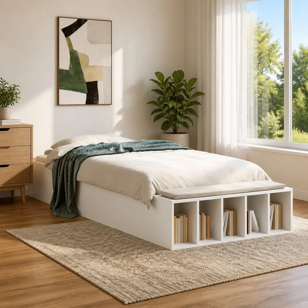 White Bed Frame with Storage for Home Use