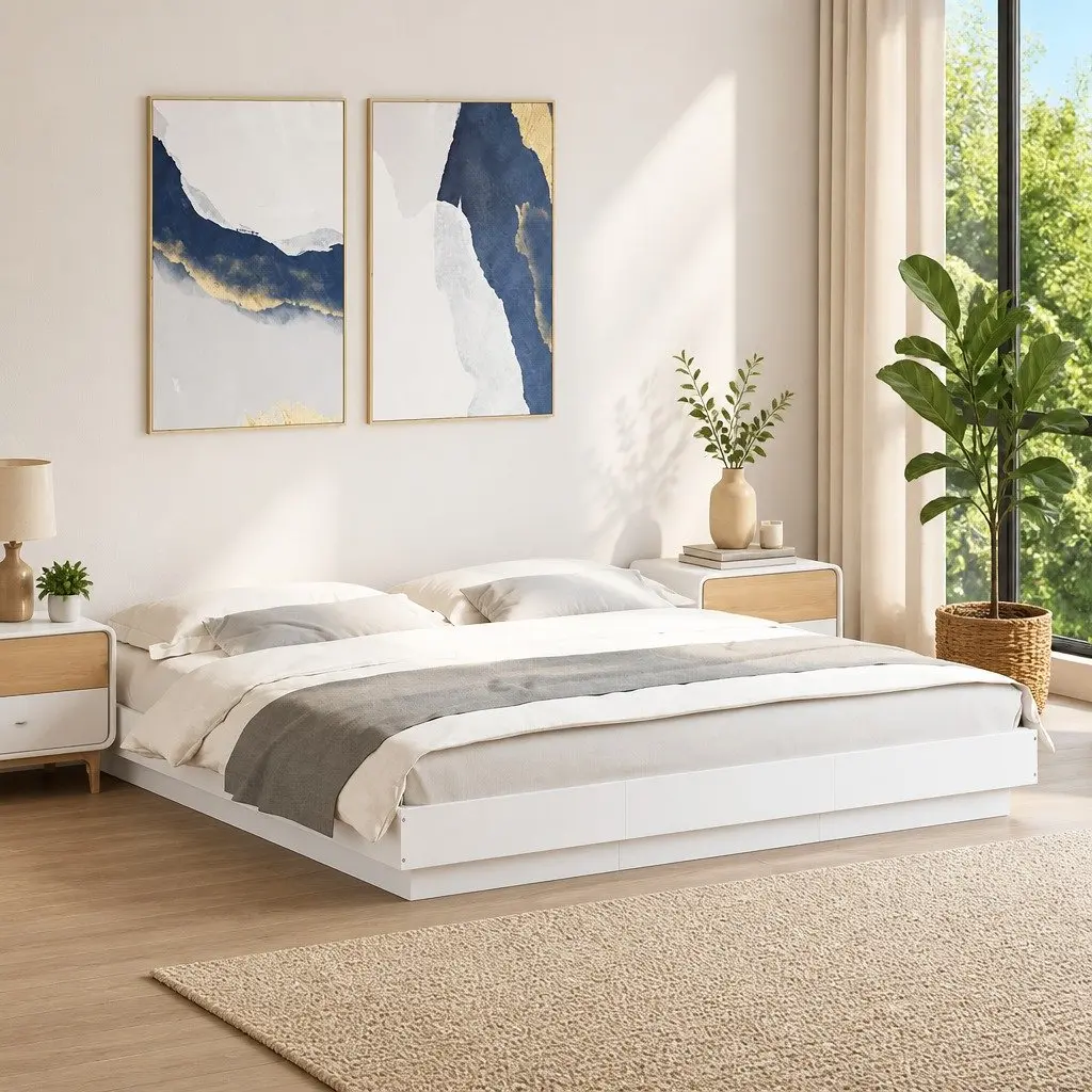 King Bed Frame White Engineered Wood 183x203cm Slatted Base with RGB LED Lights