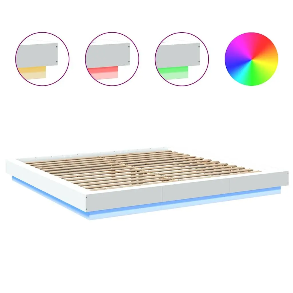 King Bed Frame White Engineered Wood 183x203cm Slatted Base with RGB LED Lights