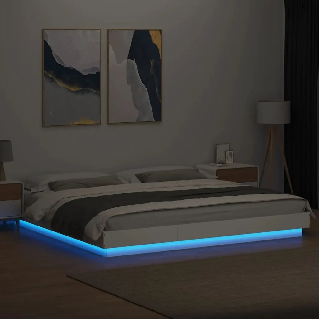King Bed Frame White Engineered Wood 183x203cm Slatted Base with RGB LED Lights