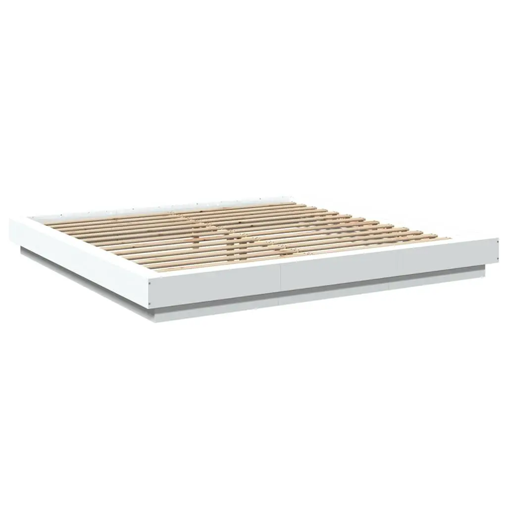 King Bed Frame White Engineered Wood 183x203cm Slatted Base with RGB LED Lights