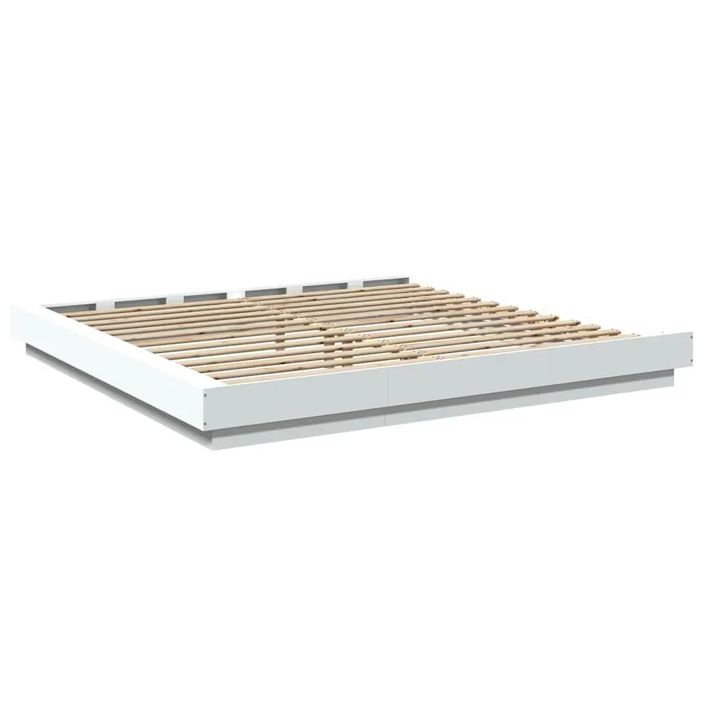 King Bed Frame White Engineered Wood 183x203cm Slatted Base with RGB LED Lights