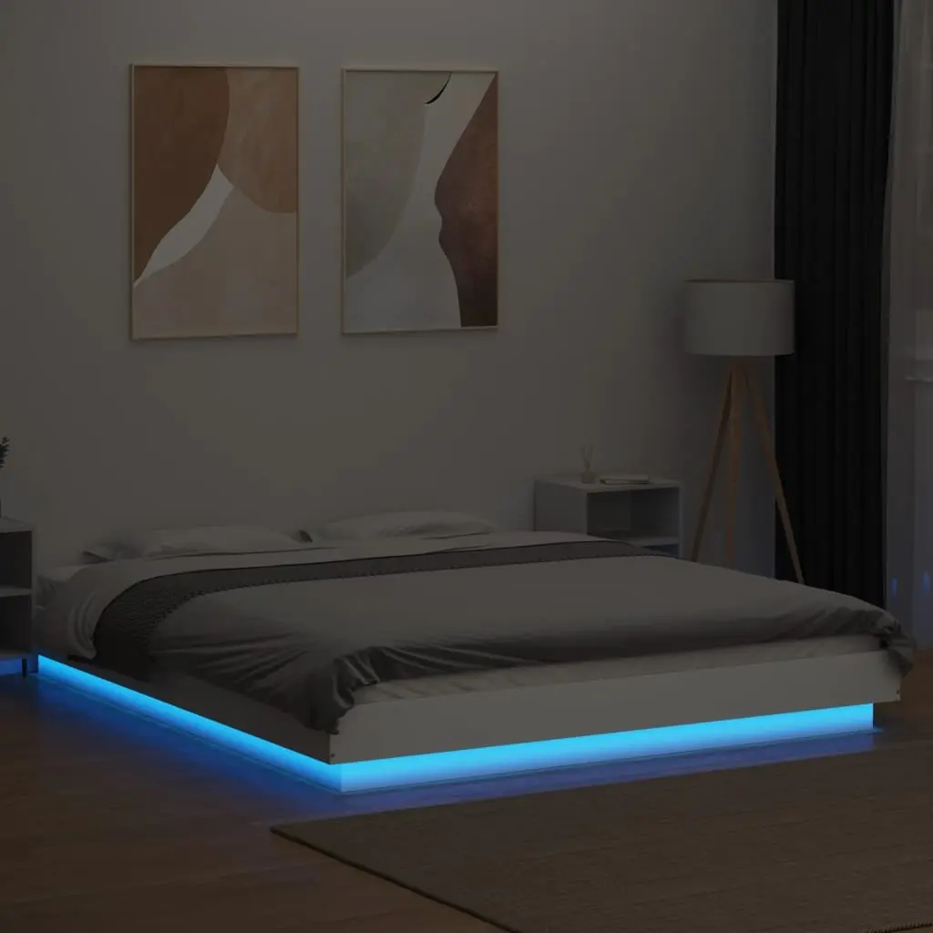 Bed Frame Engineered Wood Slatted Base 150x200cm White with RGB LED Lights