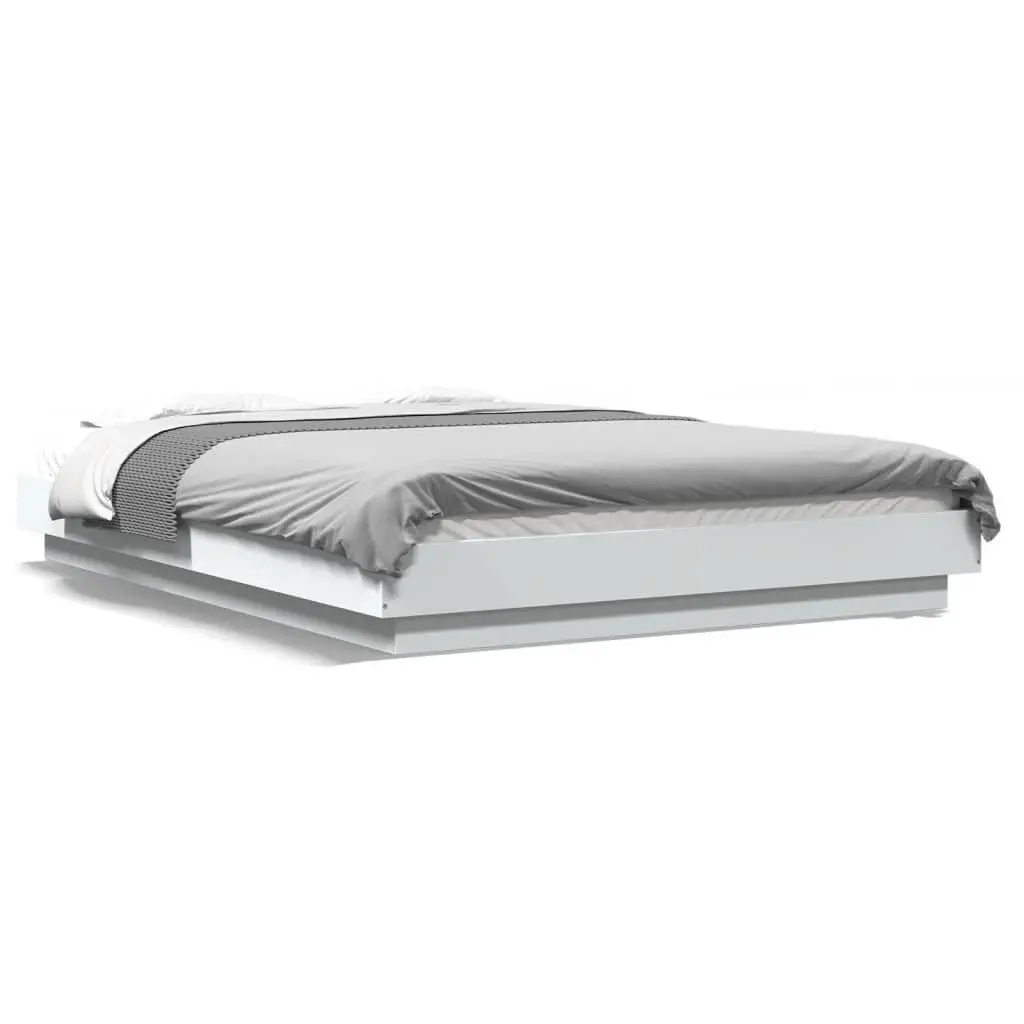 White Bed Frame with RGB LED Lights Slatted Base 135x190 cm Bedroom Furniture